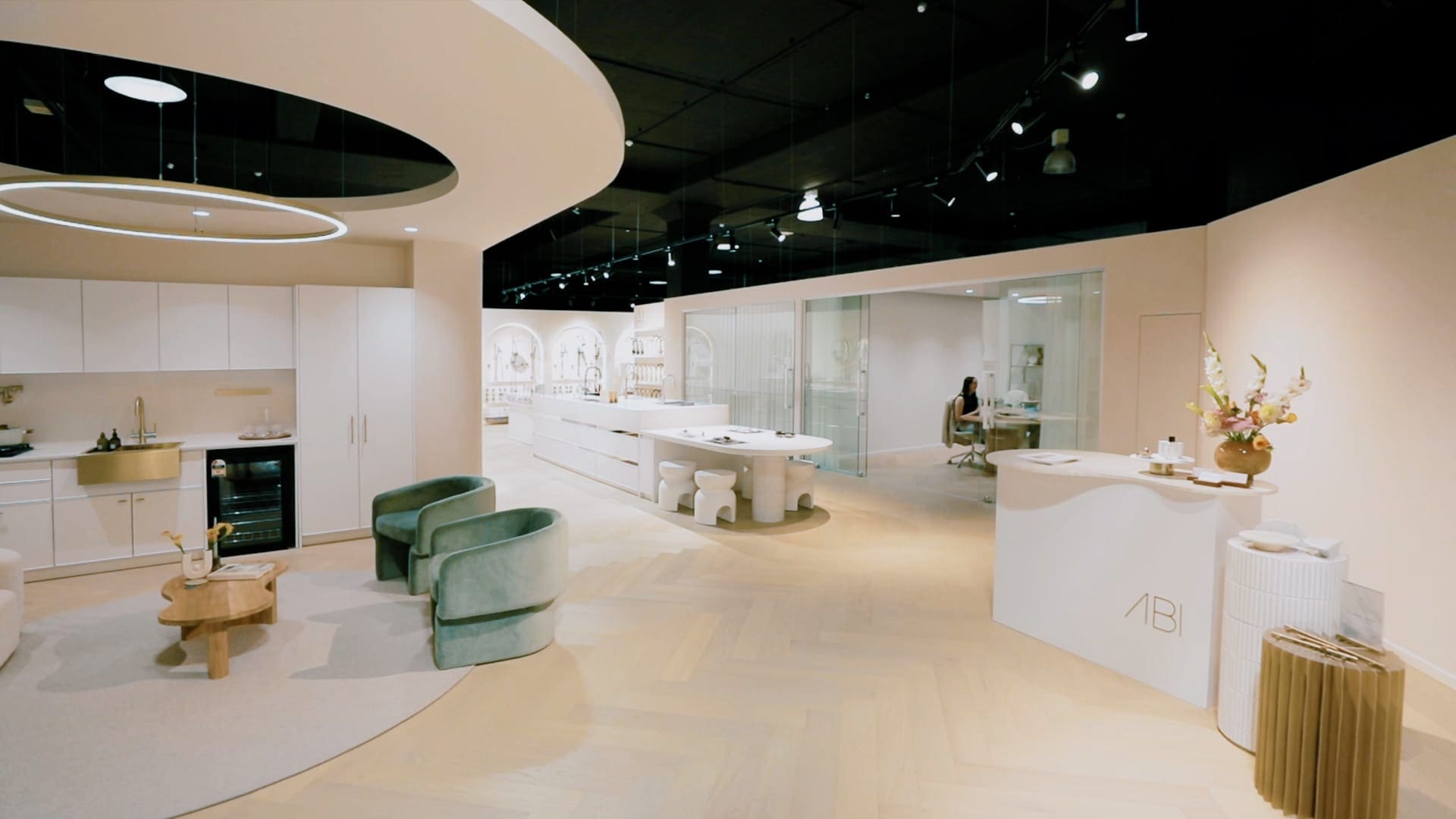 ABI Showroom Design in Auckland, created by Spaceworks, featuring warm tones, luxury materials, and an inviting customer experience.