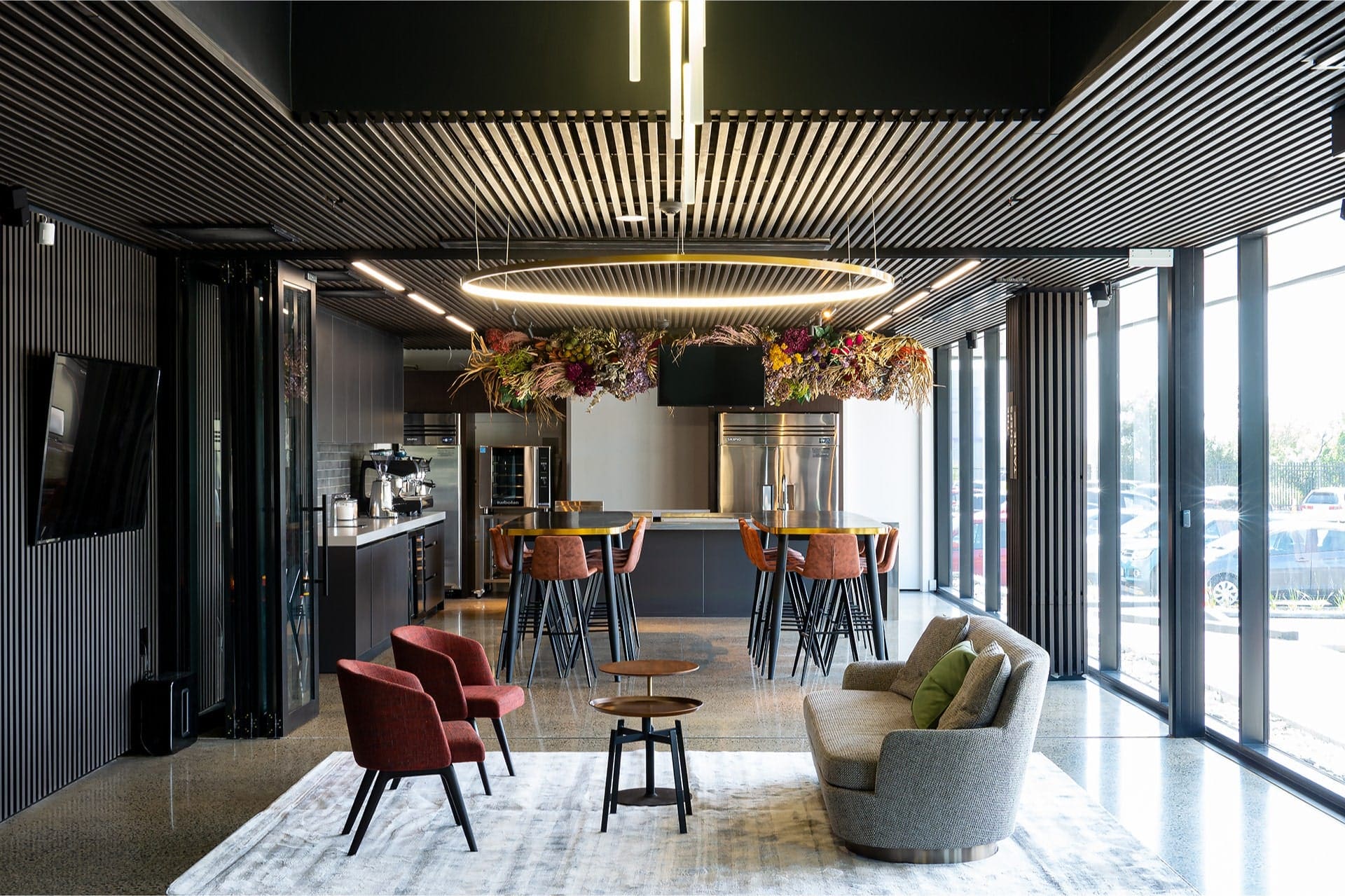 Workplace aesthetics Modern office space with biophilic design and natural materials.