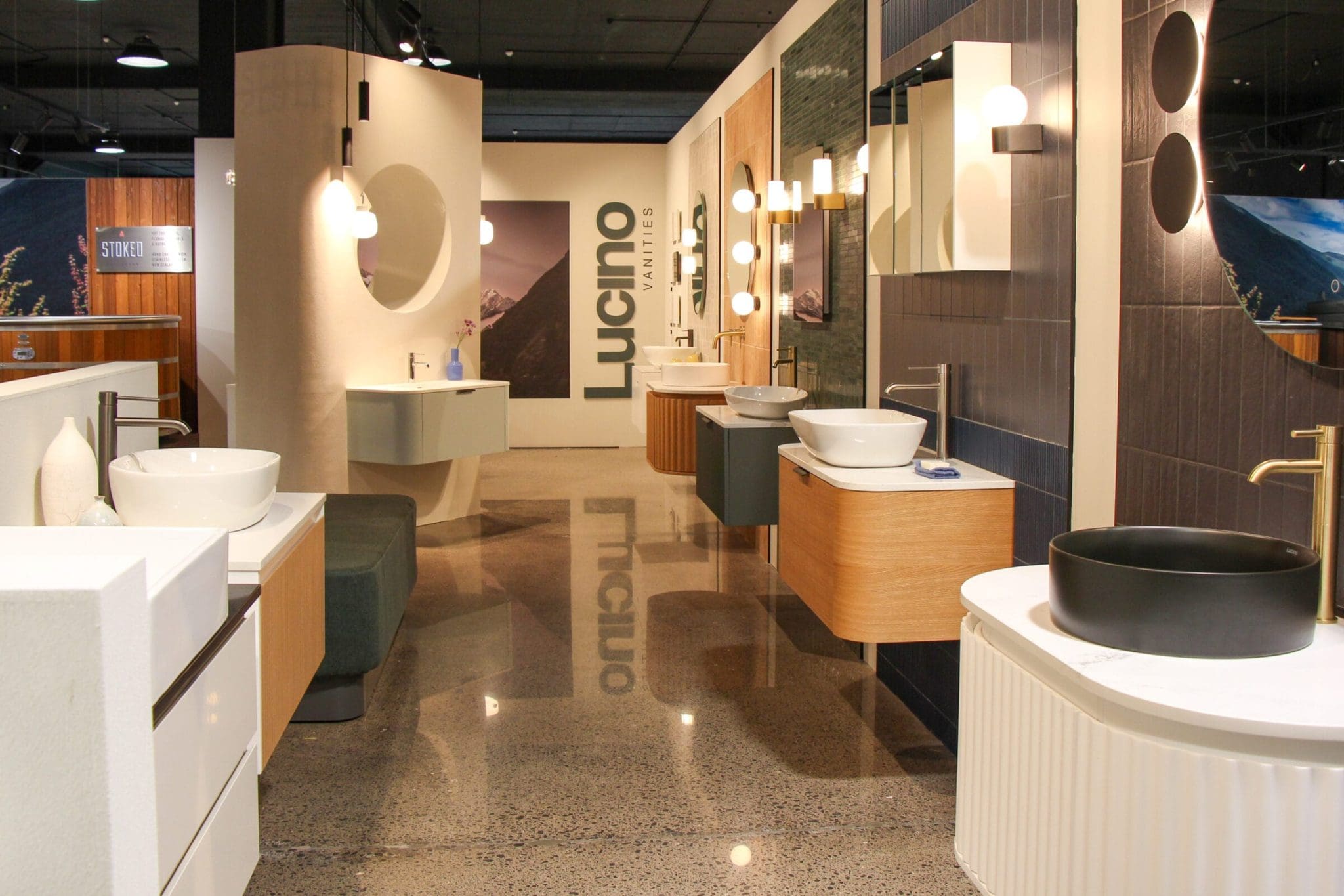 Lucino showroom designed by Spaceworks, featuring luxury stone vanities and creative lighting.