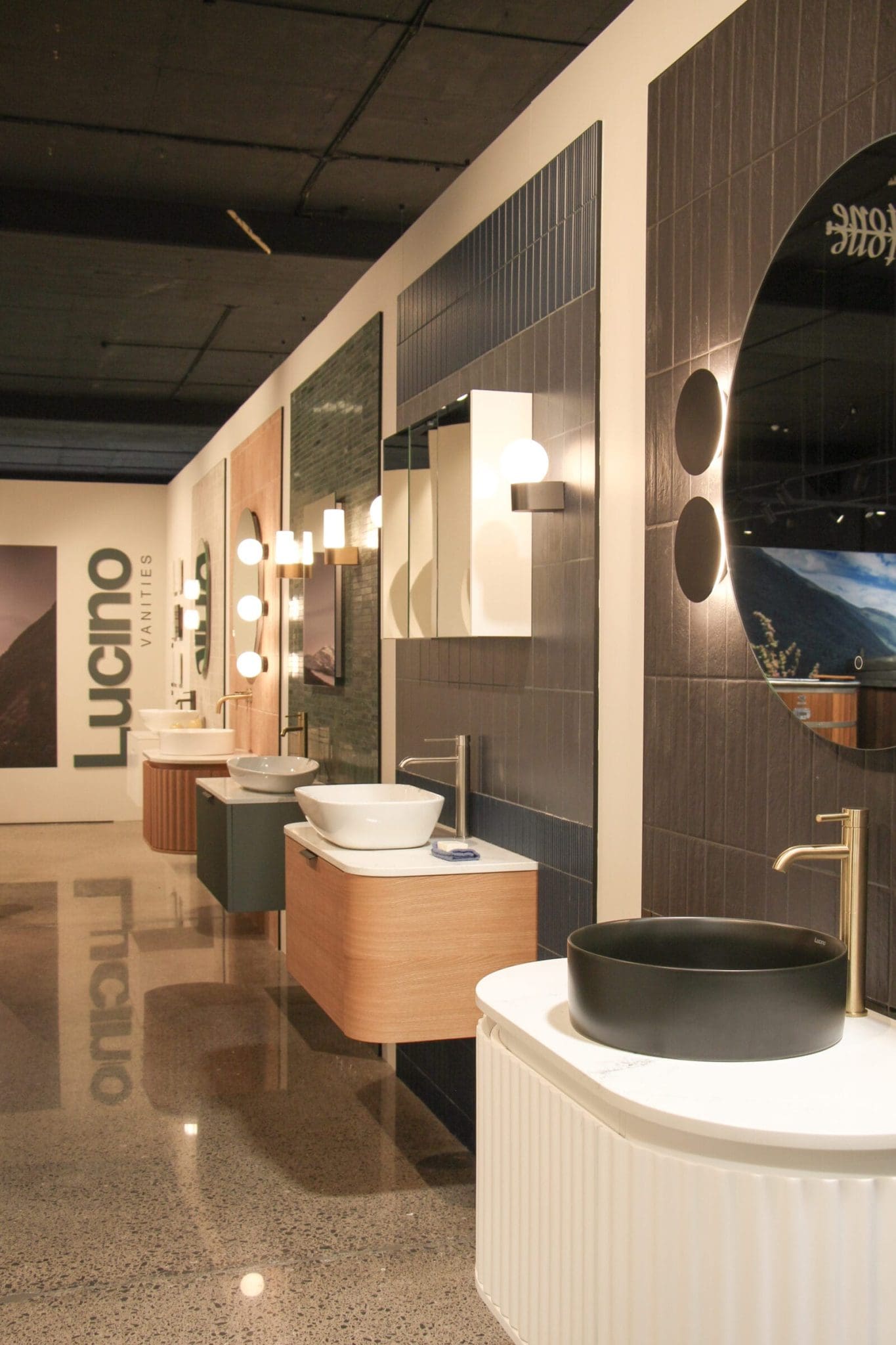 Lucino showroom designed by Spaceworks, featuring luxury stone vanities and creative lighting.